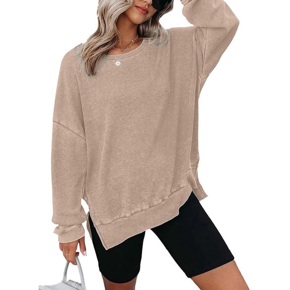 ZOELNIC Womens Waffle Knit Crewneck Sweatshirts Long Sleeve Side Slits Casual Pullover Sweatshirt Tops, M