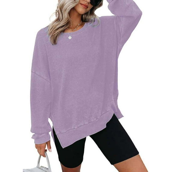 ZOELNIC Womens Waffle Knit Crewneck Sweatshirts Long Sleeve Side Slits Casual Pullover Sweatshirt Tops, M