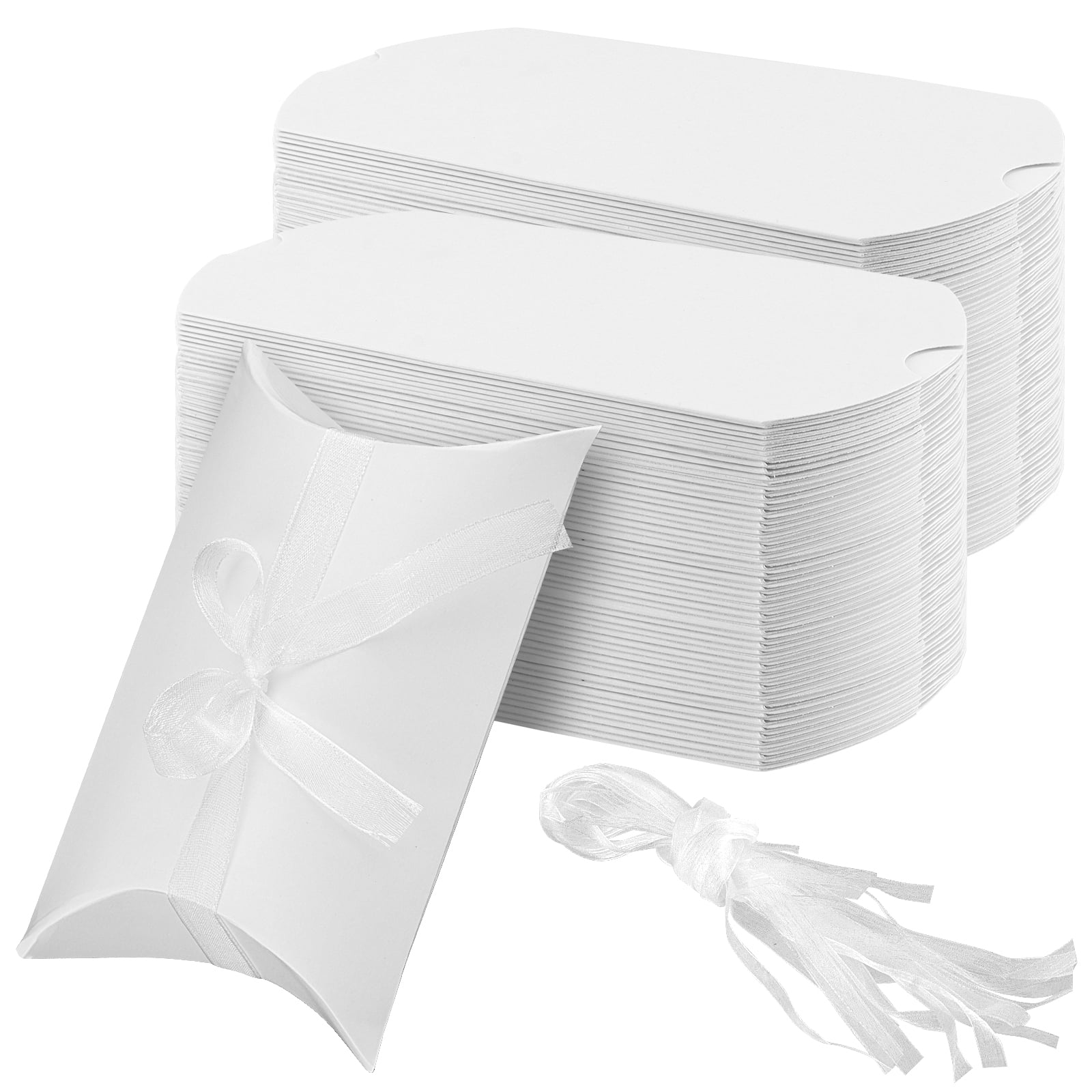 ZOENHOU 150 Pack 5 x 3.5 Inch White Pillow Boxes, Kraft Paper Candy Boxes with Ribbon, Wedding Gift Box for Gift Packing, Wedding