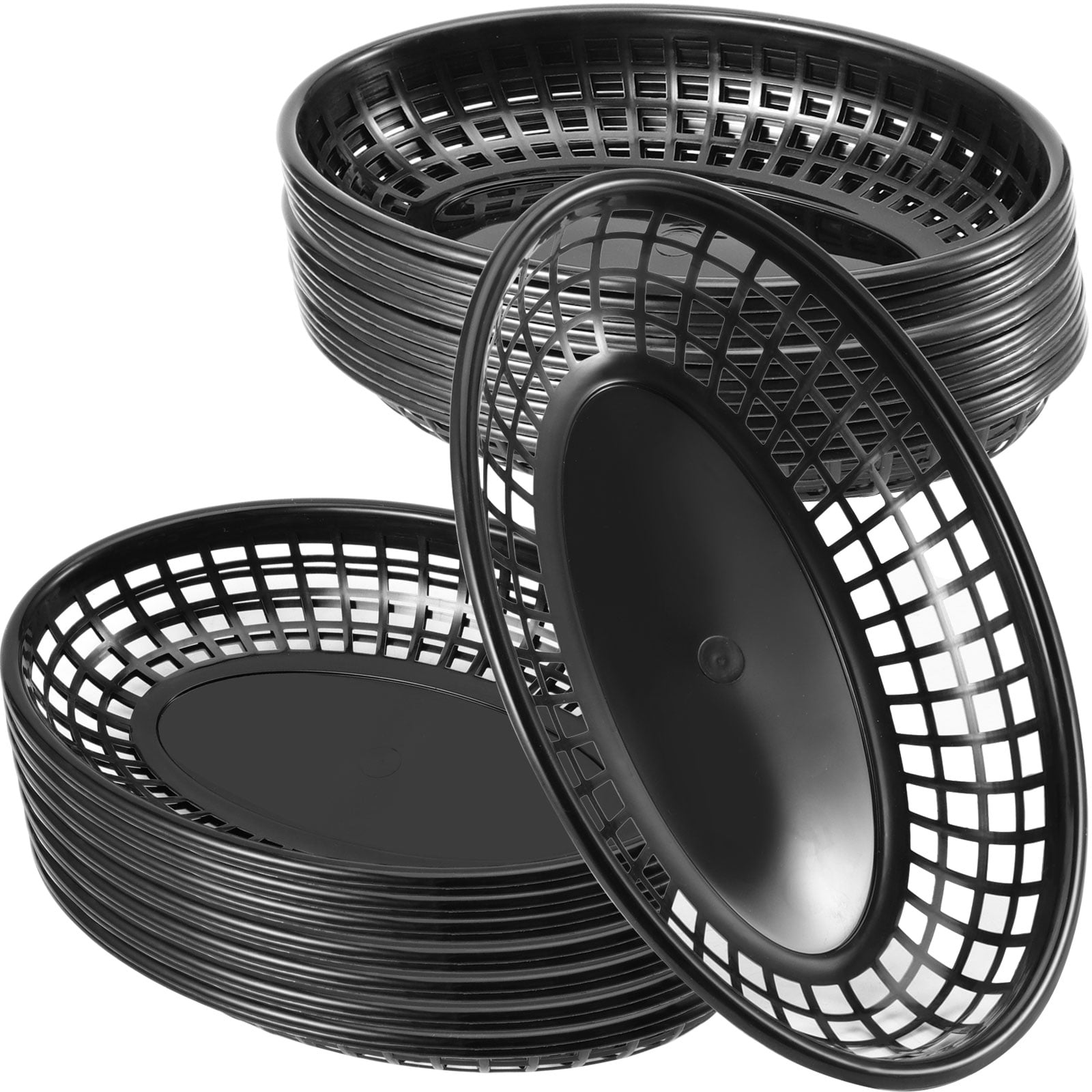 ZOENHOU 50 Pack 9 x 5.7 Inches Black Oval Fast Food Baskets, Plastic