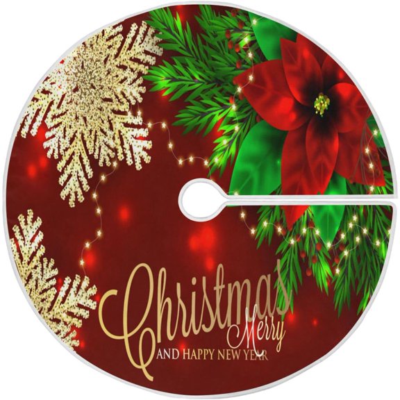 ZOEO Christmas Tree Skirt Poinsettia Winter Flower Red Branch Small Xmas Decorations Burlap Red Stitch Tree Skirt for 4 ft Tree 36 inch