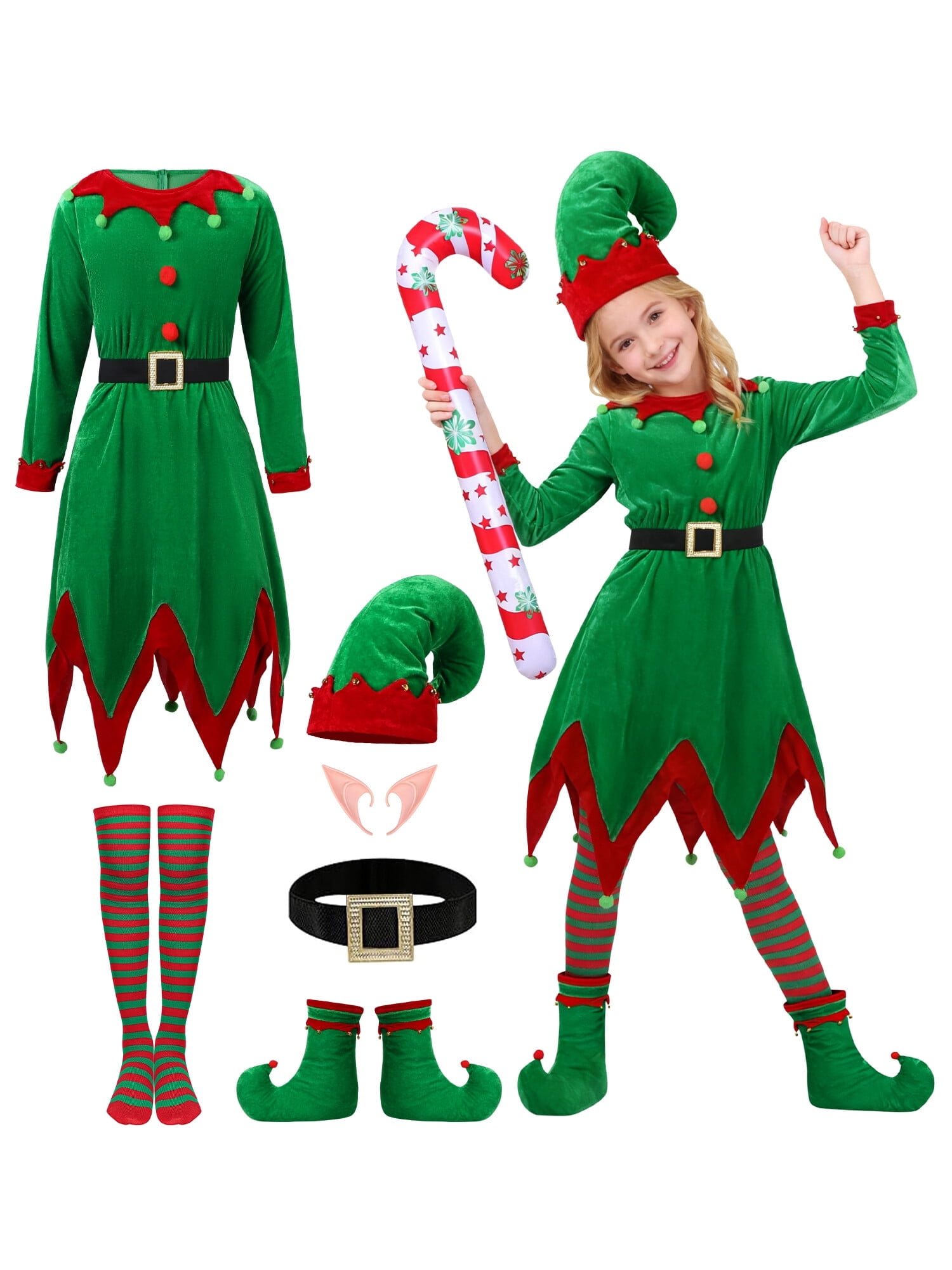 ZOEREA 7Pcs Kids Christmas Elf Green Set Outfit Velevt Dress Xmas Girl's Outfit with Elf Ears, Hat, Shoes, Belt, Socks 4-12Y