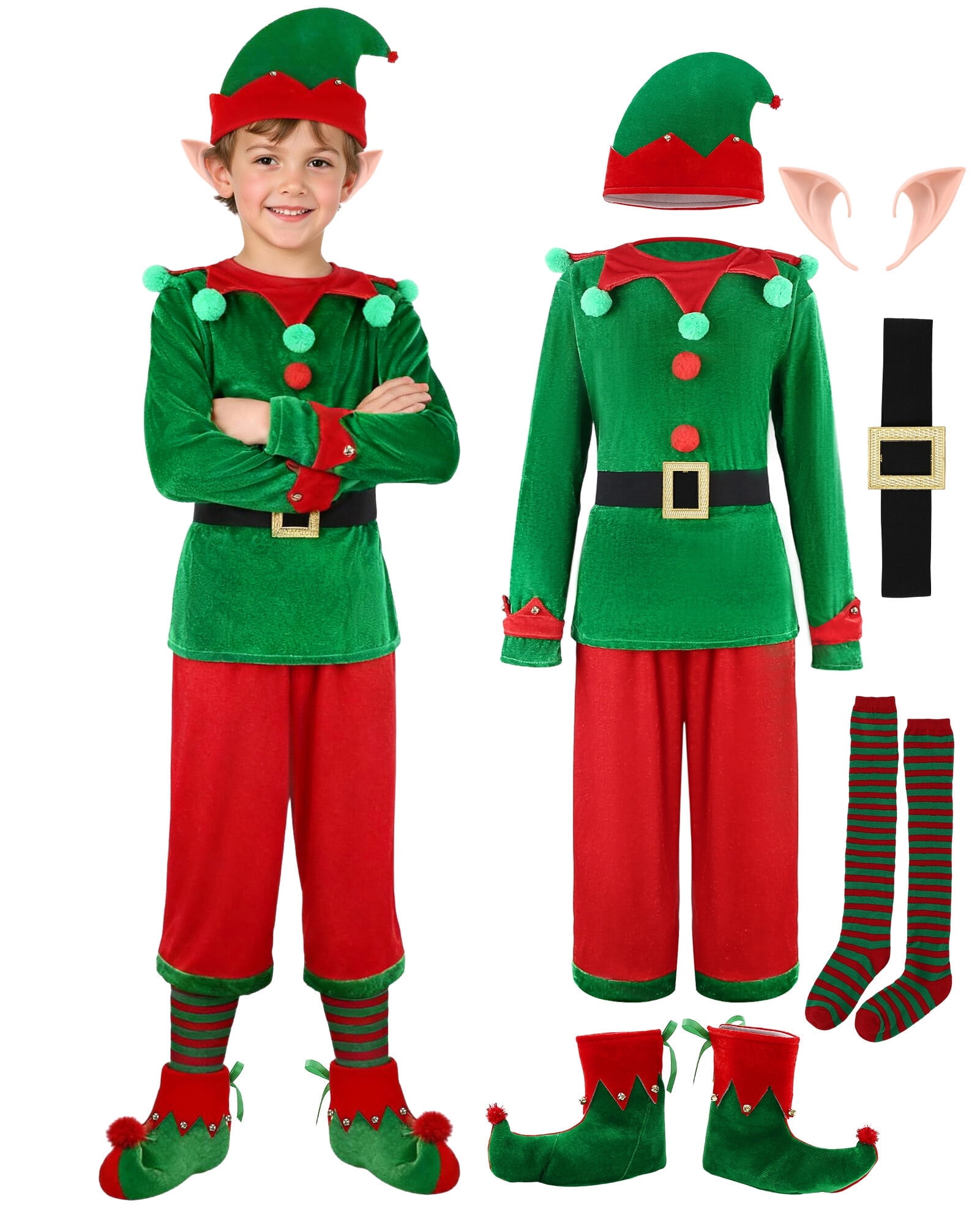ZOEREA 7Pcs Kids Christmas Elf Green Set Outfit Velevt Suit Set Xmas Boy's Outfit with Elf Ears, Hat, Shoes, Belt, Socks 6-12Y