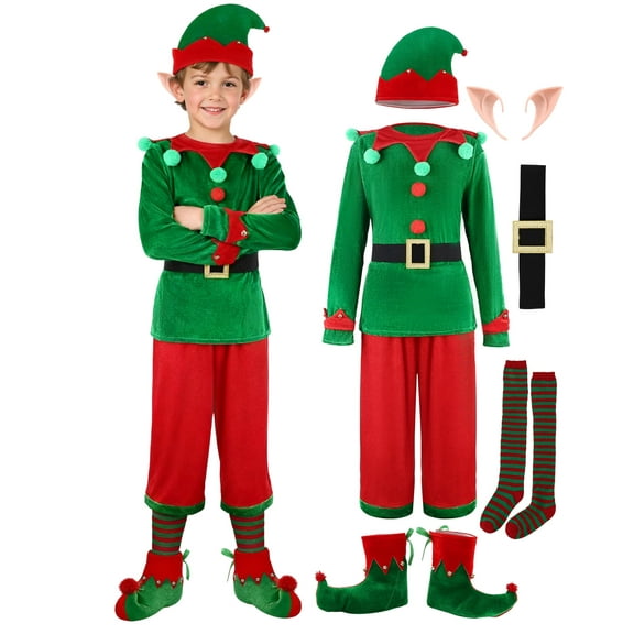 ZOEREA 7Pcs Kids Christmas Elf Green Set Outfit Velevt Suit Set Xmas Boy's Outfit with Elf Ears, Hat, Shoes, Belt, Socks 6-12Y
