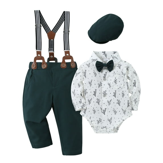 ZOEREA Baby Boy Clothes Infant Gentleman Outfits Suit,Dress Shirt + Suspender Pants + Bowtie + Beret Hat Wedding 0-18M