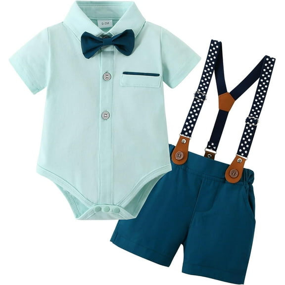 ZOEREA Baby Boy Clothes Suit Infant Short Sleeve Gentleman Outfits Dress Shirt Bowtie Suspender Shorts 0-18M