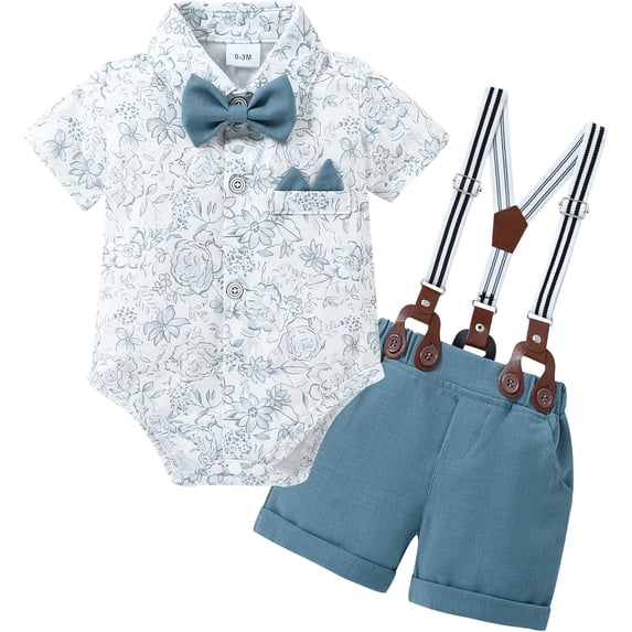 ZOEREA Baby Boy Clothes Suit Newborn Infant Gentleman Outfits, Formal Dress Shirt+Bowtie+Suspender Shorts Wedding Party Set