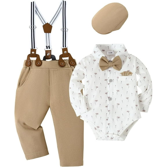 ZOEREA Baby Boy Outfits Suits Infant Formal Dress Clothes Gentleman Wedding Print Shirt Beret Hat Suspender Pants Bowtie