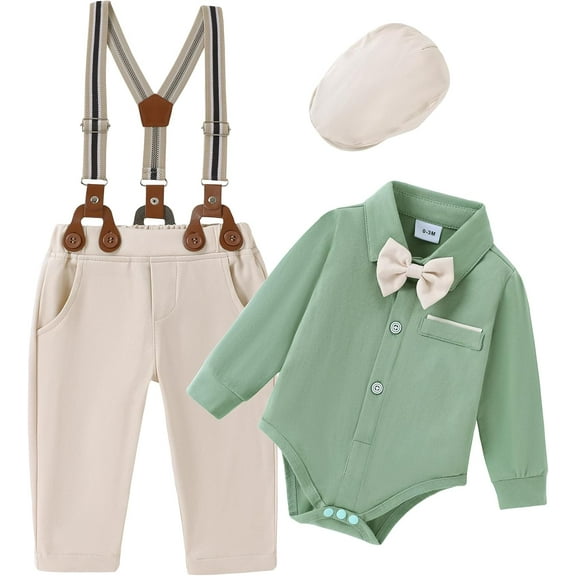 ZOEREA Baby Boy Suit 0-24M Gentleman Outfit Clothes Set Infant Long Sleeve Dress Shirt Suspender Pants Bowtie Beret Hat