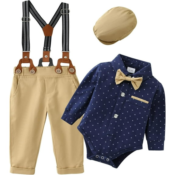 ZOEREA Baby Boy Suit 0-24M Gentleman Outfit Clothes Set Infant Long Sleeve Dress Shirt Suspender Pants Bowtie Beret Hat