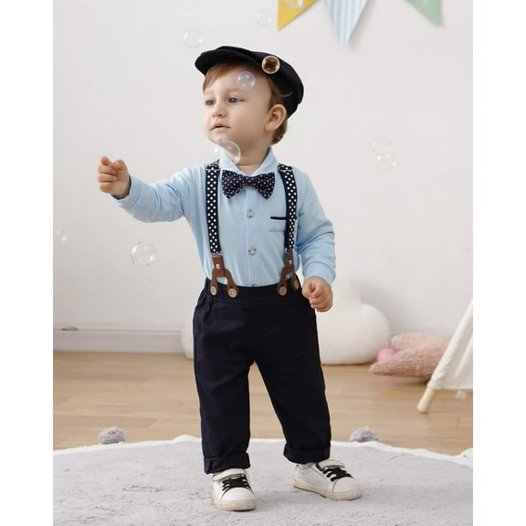 ZOEREA Baby Boy Suit 0-24M Gentleman Outfit Clothes Set Infant Long Sleeve Dress Shirt Suspender Pants Bowtie Beret Hat