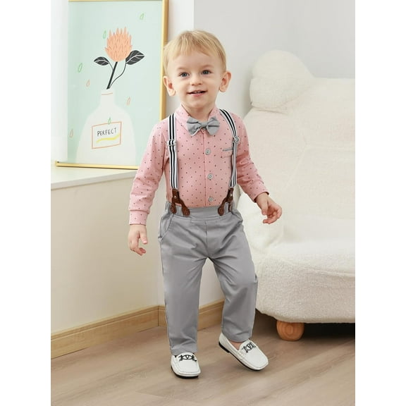 ZOEREA Baby Boy Suit 0-24M Gentleman Outfit Clothes Set Infant Long Sleeve Dress Shirt+Suspender Pants+Bowtie+Beret Hat