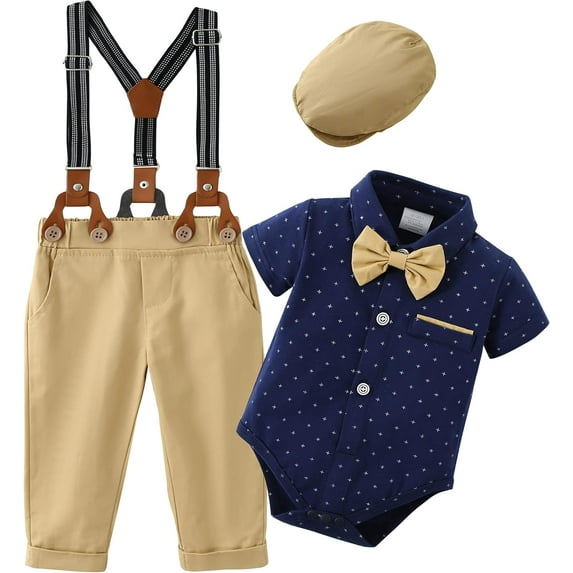 ZOEREA Baby Boy Suit Gentleman Outfit Clothes Infant Tuxedo Short Sleeve Dress Shirt+Suspender Pants+Bowtie+Hat 0-18M