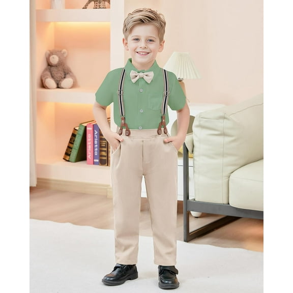 ZOEREA Boys Clothes Formal Suit Gentleman Wedding Outfit Short Sleeve Shirt with Bow Tie and Suspender Pants 2-10 Years