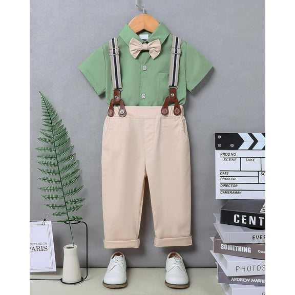 ZOEREA Boys Clothes Formal Suit Gentleman Wedding Outfit Short Sleeve Shirt with Bow Tie and Suspender Pants 2-10 Years