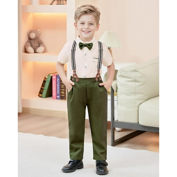 ZOEREA Boys Clothes Formal Suit Gentleman Wedding Outfit Short Sleeve Shirt with Bow Tie and Suspender Pants 2-10 Years