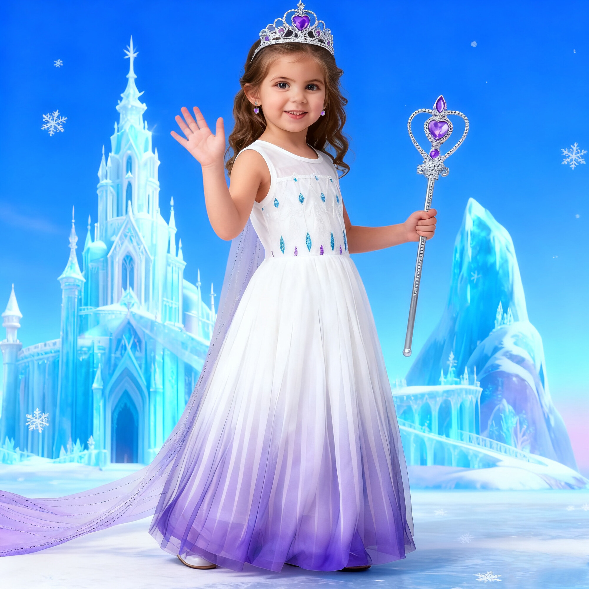 open lace back dress Blue Princess Dress with Gloves and Tiara