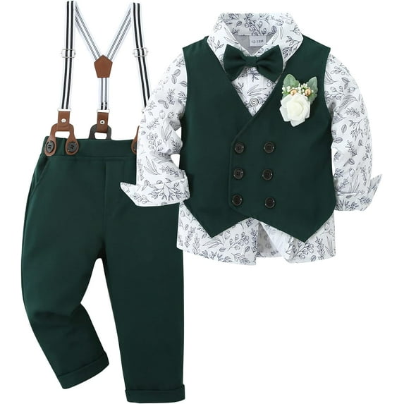 ZOEREA Toddler Baby Boy Clothes Suit Gentleman Wedding Outfits, Formal Dress Shirt+Bowtie+Vest+Boutonniere+Suspender Pants