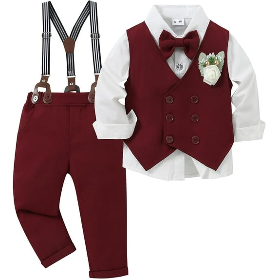 ZOEREA Toddler Baby Boy Clothes Suit Gentleman Wedding Outfits, Formal Dress Shirt+Bowtie+Vest+Boutonniere+Suspender Pants