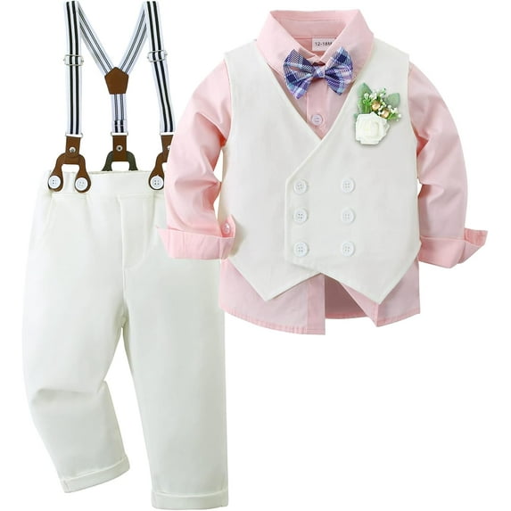 ZOEREA Toddler Baby Boy Clothes Suit Gentleman Wedding Outfits, Formal Dress Shirt+Bowtie+Vest+Boutonniere+Suspender Pants