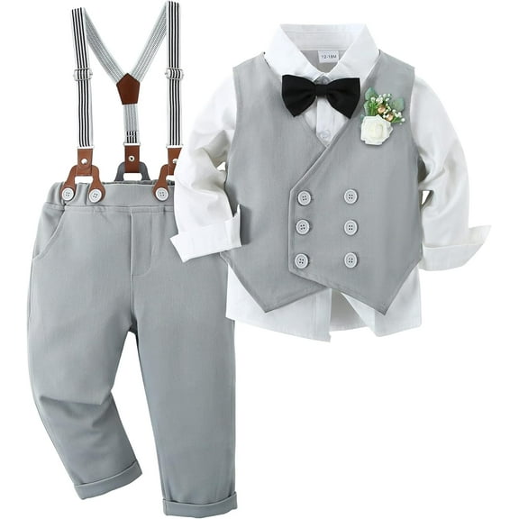 ZOEREA Toddler Baby Boy Clothes Suit Gentleman Wedding Outfits, Formal Dress Shirt Bowtie Vest Boutonniere Suspender Pants