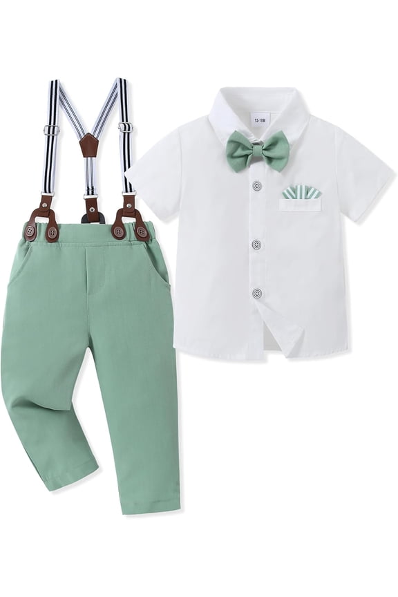 Toddler Baby Boy Clothes Suit Gentleman Wedding Outfits, Formal Dress Shirt with Bowtie + Suspender Pants 1-5 Years