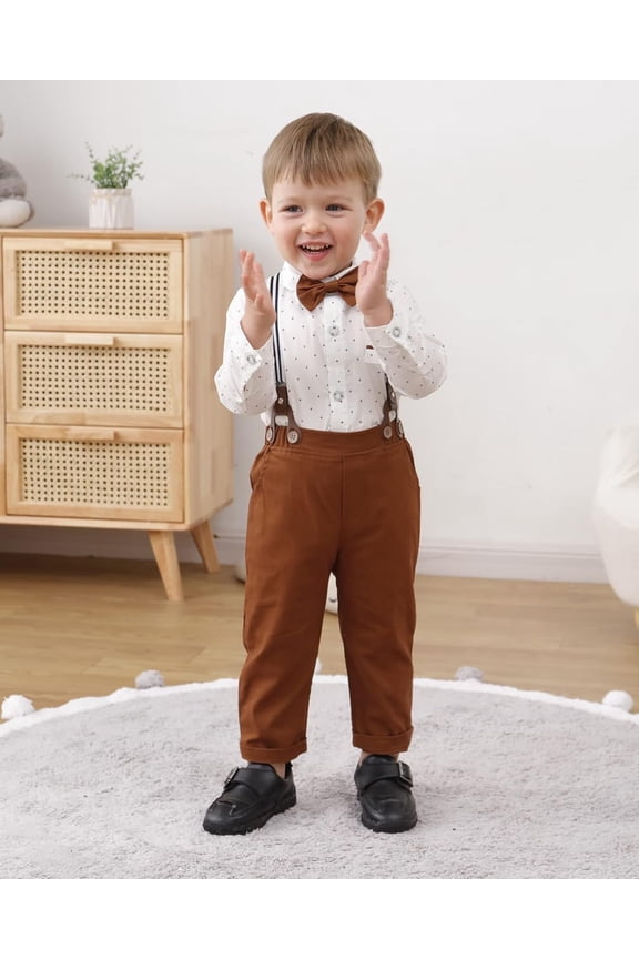 Toddler Baby Boy Suit Clothes Gentleman Wedding Outfits Long Sleeve Dress Shirt + Suspender Pants + Bowtie 1-5T