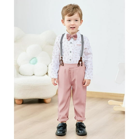 ZOEREA Toddler Baby Boy Suit Clothes Gentleman Wedding Outfits Long Sleeve Dress Shirt   Suspender Pants   Bowtie 1-5T