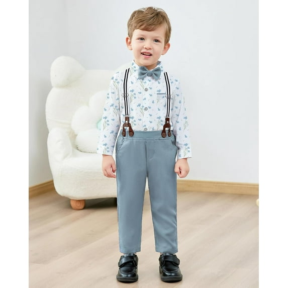 ZOEREA Toddler Baby Boy Suit Clothes Gentleman Wedding Outfits Long Sleeve Dress Shirt + Suspender Pants + Bowtie 1-5T