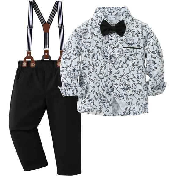 ZOEREA Toddler Baby Boy Suit Clothes Gentleman Wedding Outfits Long Sleeve Dress Shirt Suspender Pants Bowtie 1-5T