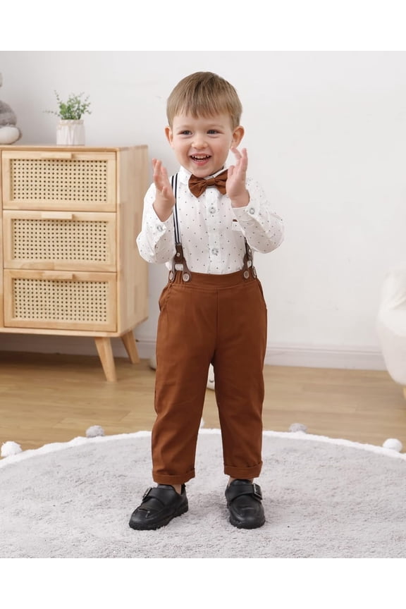 Toddler Baby Boy Suit Clothes Gentleman Wedding Outfits Long Sleeve Dress Shirt + Suspender Pants + Bowtie 1-5T