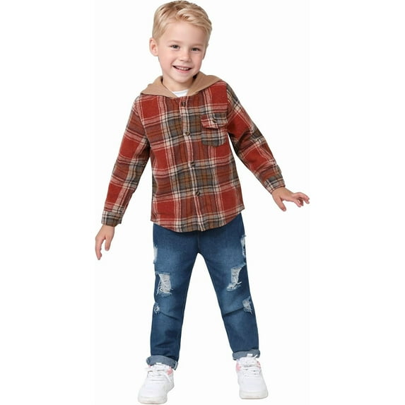 ZOEREA Toddler Baby Boys Clothes Outfits Kids Hoodie Flannel Shirts Set Plaid Hooded Tops +Jeans Pants Fall Winter 2-6T