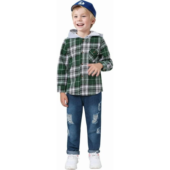 ZOEREA Toddler Baby Boys Clothes Outfits Kids Hoodie Flannel Shirts Set Plaid Hooded Tops Jeans Pants Fall Winter 2-6T