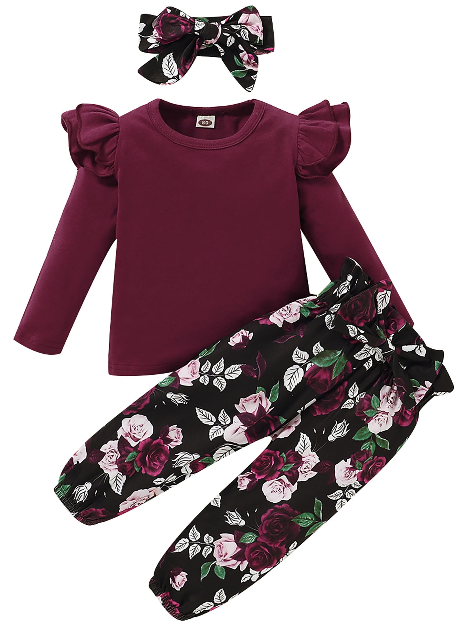 ZOEREA Toddler Baby Girl Clothes 3Pcs Long Sleeves Ruffle Dress Shirt Top Floral Pant Headband Set