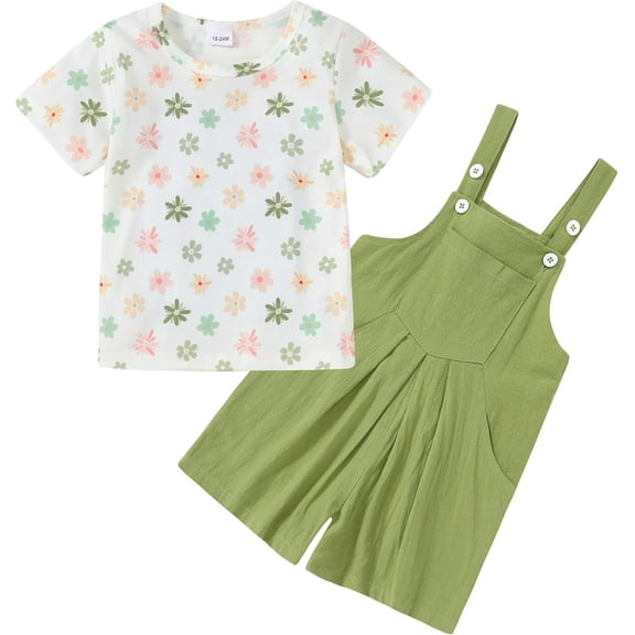 ZOEREA Toddler Girl Clothes, 2Pcs Baby Girl Outfits Spring/Summer Stripe/Floral T-Shirt Bib Overall Shorts Clothing Set 1-5T