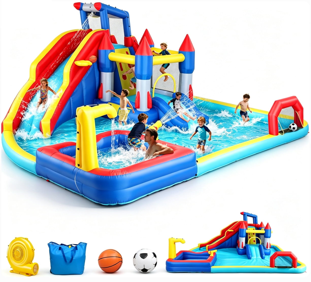 ZOGYMOZ Double Slides Water Park, Inflatable Water Slide Bounce House with Blower, Pool & Basketball & Football Games for Kids Backyard, 227*205*97 inch