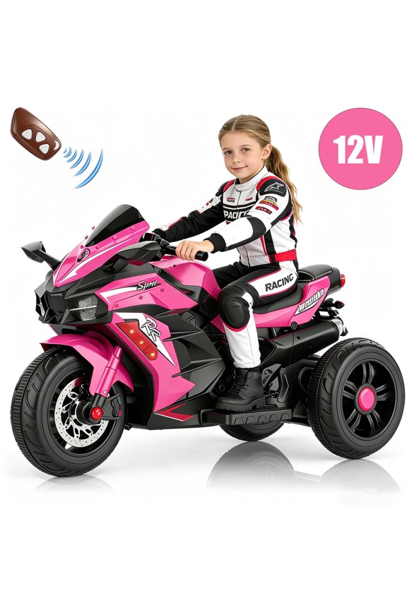 12V Ride on Motorcycle for Kids, Pink Electric Motorcycle with Remote Control, LED Light, Bluetooth Music