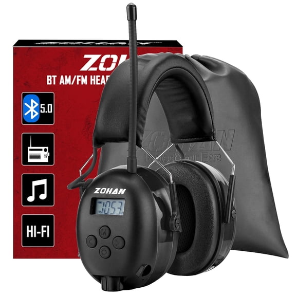 ZOHAN 033 Bluetooth 5.4 AM FM Radio Headphones with Digital Display, 48H Playtime Hearing Protection Earmuffs,25dB NRR Noise Reduction for Mowing, Workshops and Snowblowing– Black