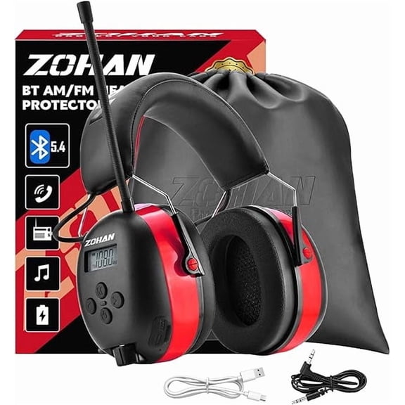 ZOHAN 033 Bluetooth 5.4 AM FM Radio Headphones with Digital Display,48H Playtime Hearing Protection Earmuffs,31dB SNR Noise Reduction Safety Ear Muffs for Mowing, Workshops and Snowblowing– Red