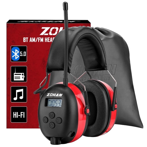 ZOHAN 033 Bluetooth 5.4 AM FM Radio Headphones with Digital Display,48H Playtime Hearing Protection Earmuffs,25dB NRR Noise Reduction Safety Ear Muffs for Mowing, Workshops and Snowblowing– Red