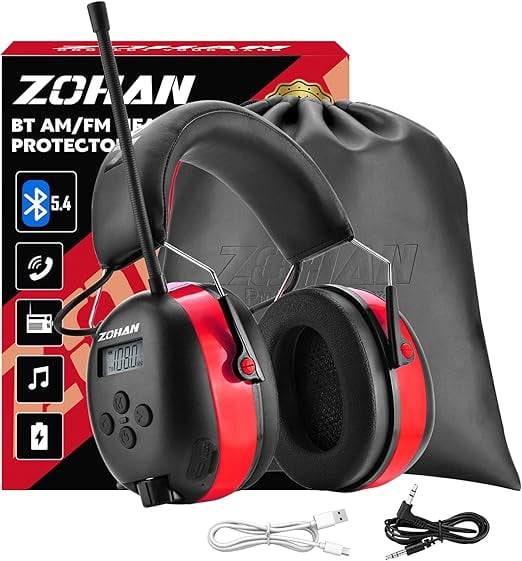 ZOHAN 033 Bluetooth 5.4 AM FM Radio Headphones with Digital Display,48H Playtime Hearing Protection Earmuffs,30dB SNR Noise Reduction Safety Ear Muffs for Mowing, Workshops and Snowblowing– Red