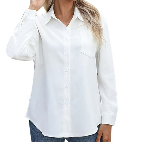 ZOHIUM Blouses for Women Button Down Shirts for Women Long Sleeve Slim Fit Blouses Casual Business Tops with Pocket Womens Work Tops Linen Pants Women (White,M)