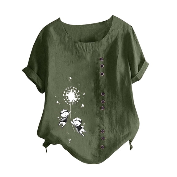 ZOHIUM Blouses for Women Dressy Casual Women's Fashionable Cotton And Linen Short Sleeved Buttoned Tops Round Neck Dandelion Print T Shirt Summer Tshirts Tops for Women Blouse (Green,M)