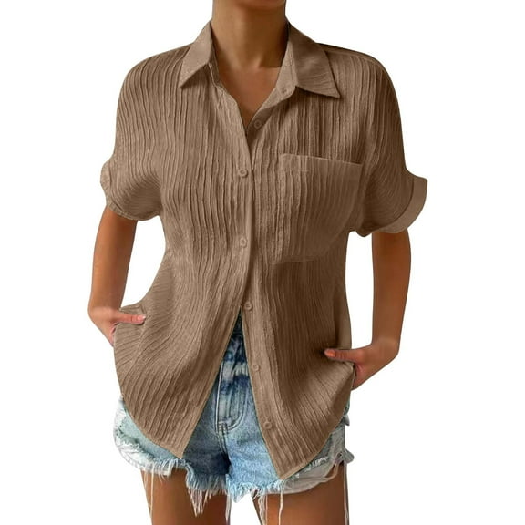 ZOHIUM Blouses Women's Summer Solid Color Loose Plus Size Long Cotton Texture Dress Shirt Top Womens Shirts Dressy Casual Linen Tops for Women Womens Dress Shirts (Brown,XXXXL)