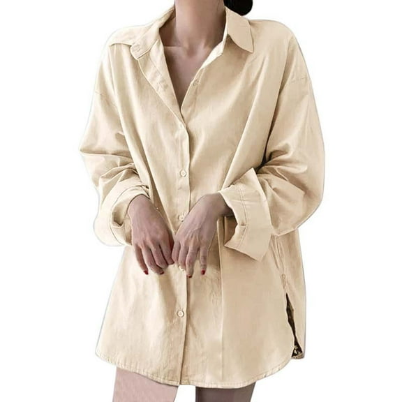 ZOHIUM Business Casual Outfits for Women Women Solid Long Sleeve Turn Down Collar Button Loose Casual Shirt Blouses Women Tops Dressy Casual Travel Outfits for Women (Khaki,XXXL)