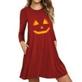 thumbnail image 1 of ZOHIUM Casual Dress Women Cat Costume Girls Plus Size Gothic Costume Women's Festival Pumpkin Face Print Long Sleeve Slim Dress Dress Dresses (Red,S), 1 of 2