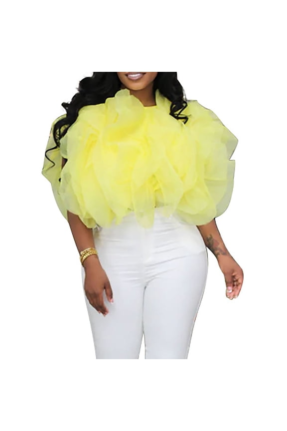 Chiffon Blouses for Women Casual Solid Short Sleeve Mesh Tulle Blouse Puffy Layered Short Tops Party Prom (Yellow,S)