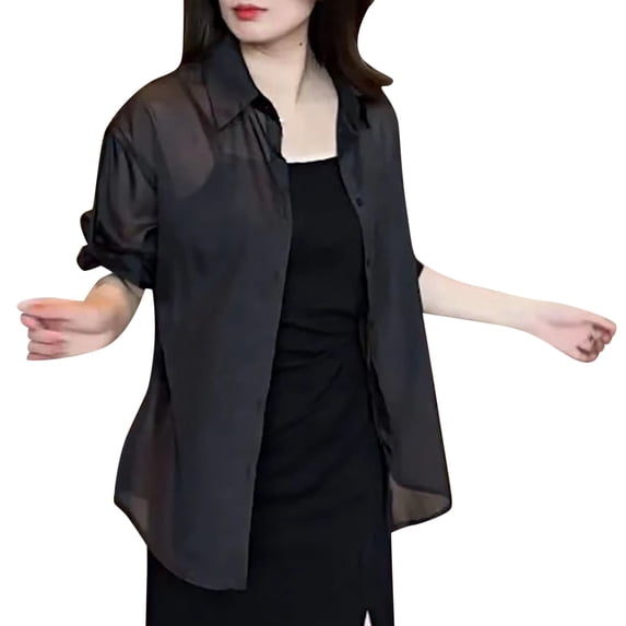 ZOHIUM Clothes Women's Spring/Summer Solid Color Long Sleeved Shirt Chiffon Thin Shirt Summer Shirts for Women 2182 Clothes Blouses for Women (Black,One Size)