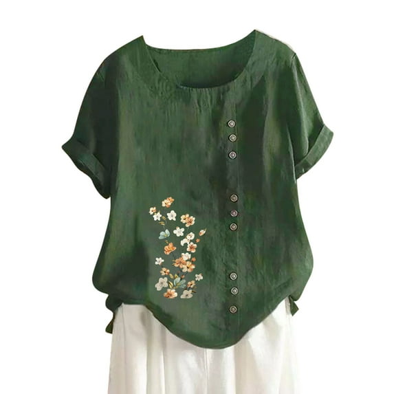 ZOHIUM Dressy Tops Summer Tshirts for Women Women's Cotton And Linen Loose Fit Casual Floral Print Short Sleeve Button Up Top Ladies Tops And Blouses Tshirts (Green,XL)