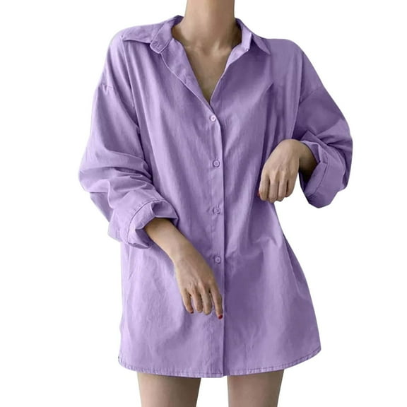 ZOHIUM Dressy Tops for Women Women Solid Long Sleeve Turn Down Collar Button Loose Casual Shirt Blouses Womens Tops Purple Shirt for Women Womens Dress Shirts (Purple,M)